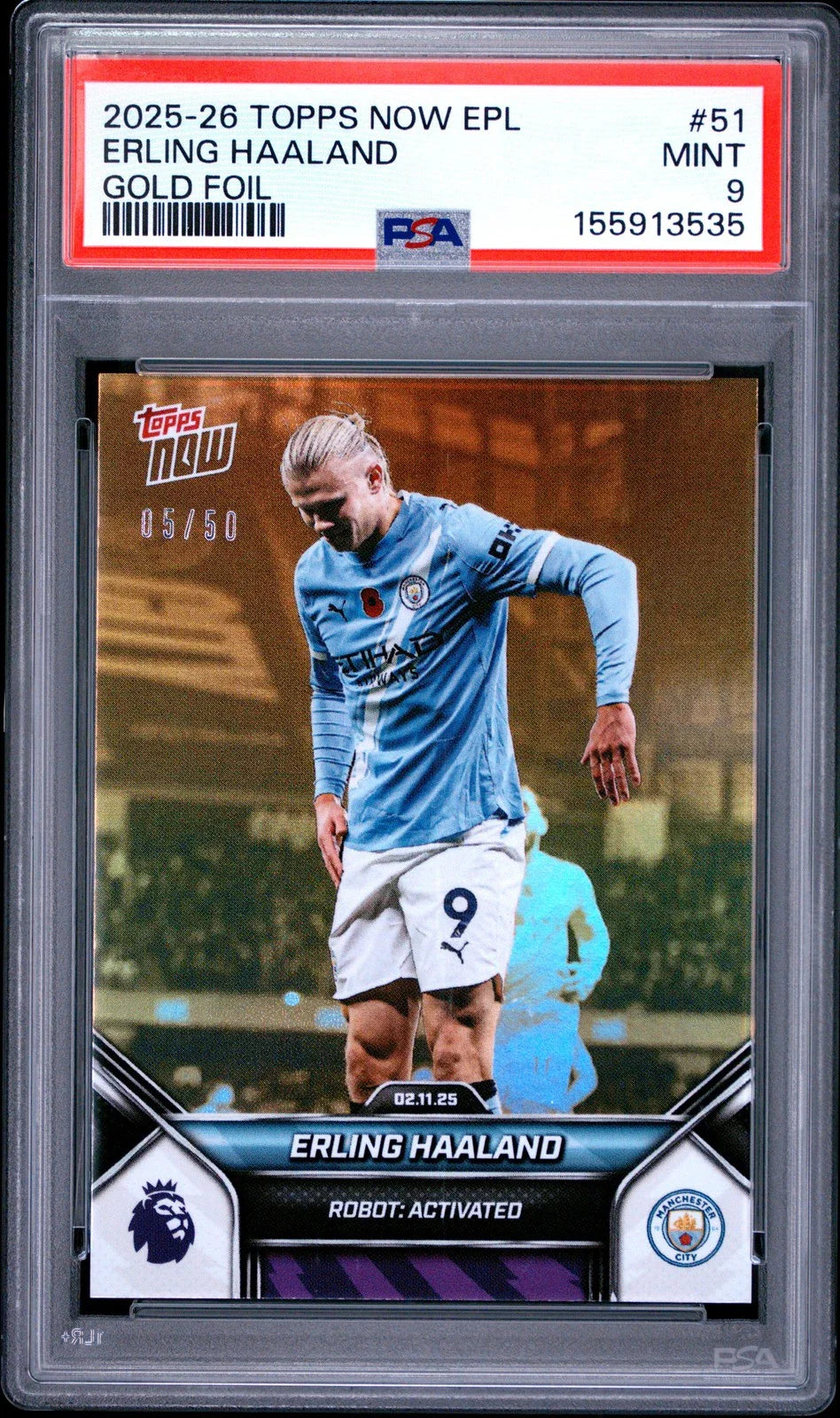 Erling Haaland 2025-26 Topps Now Gold Foil PSA 9: The Golden Boot King in a Slab