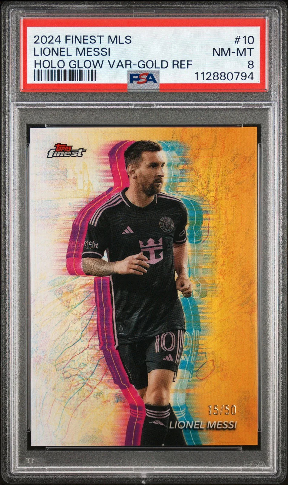The GOAT in Chrome: Messi Finest MLS Hologlow Gold Refractor /50 PSA 8