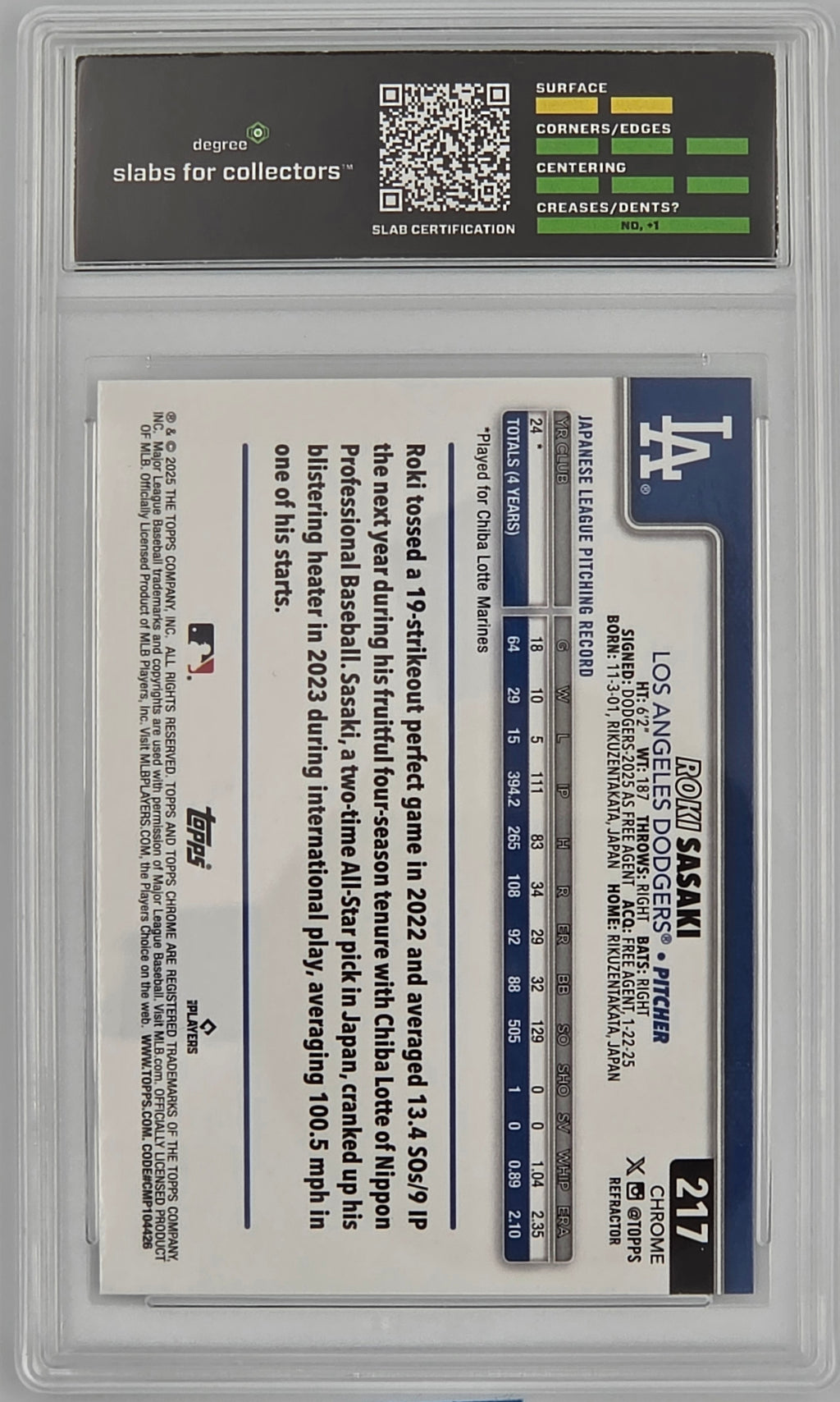 2025 Topps Chrome #217 Roki Sasaki Refractors Degree 9 MINT