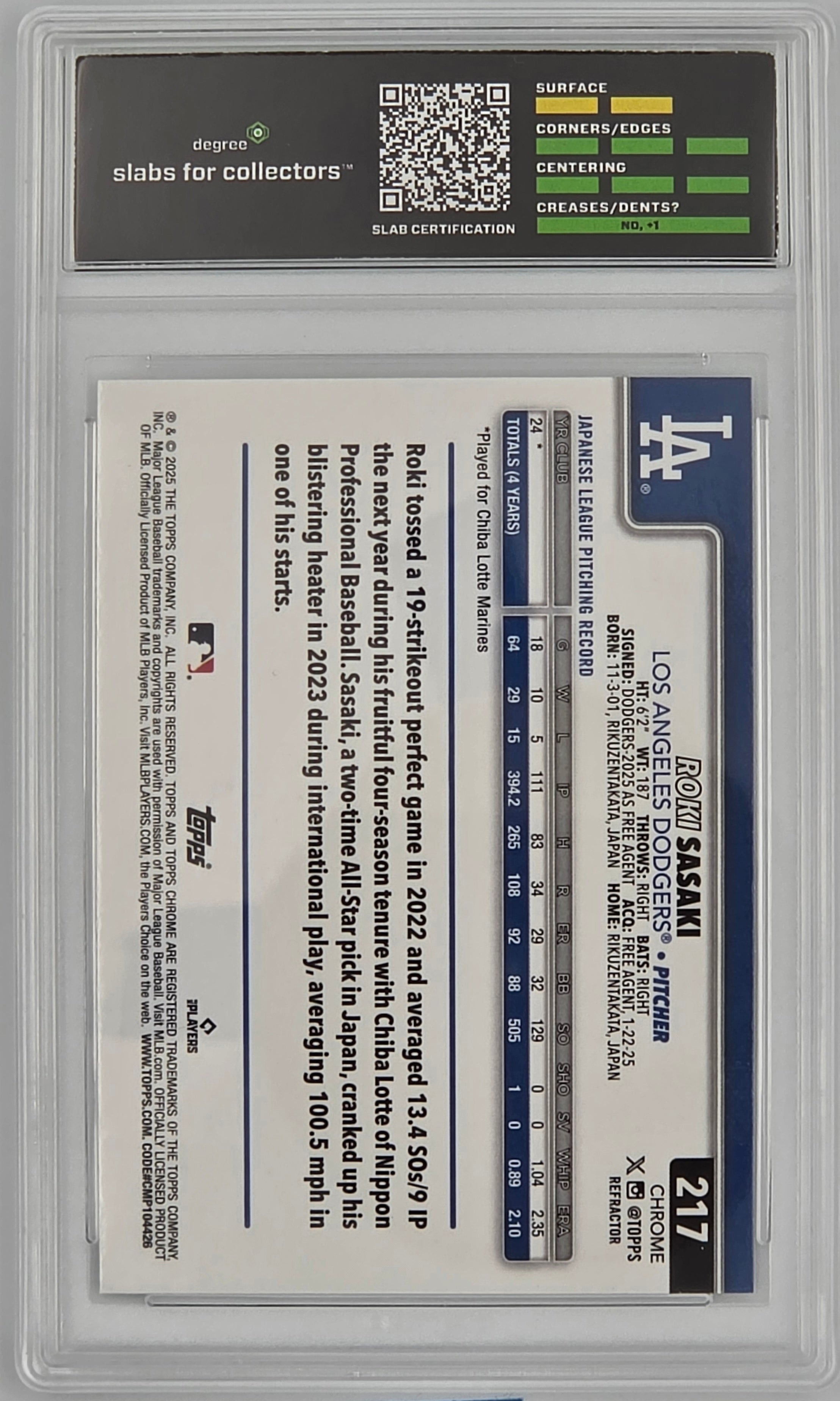 2025 Topps Chrome #217 Roki Sasaki Refractors Degree 9 MINT
