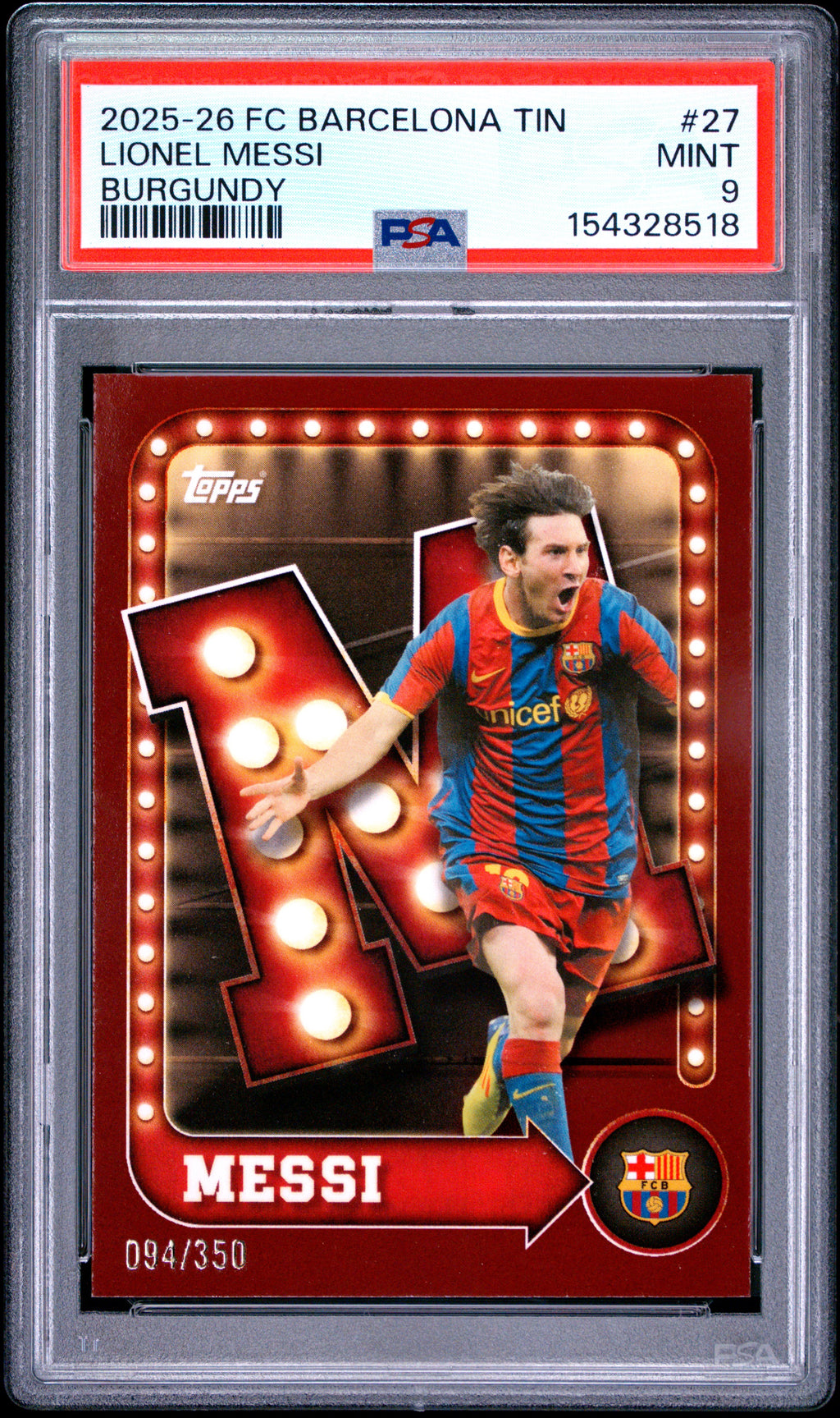 2025-26 Topps FC Barcelona Collector Tin #27 Lionel Messi Dark Red PSA 9 #/350