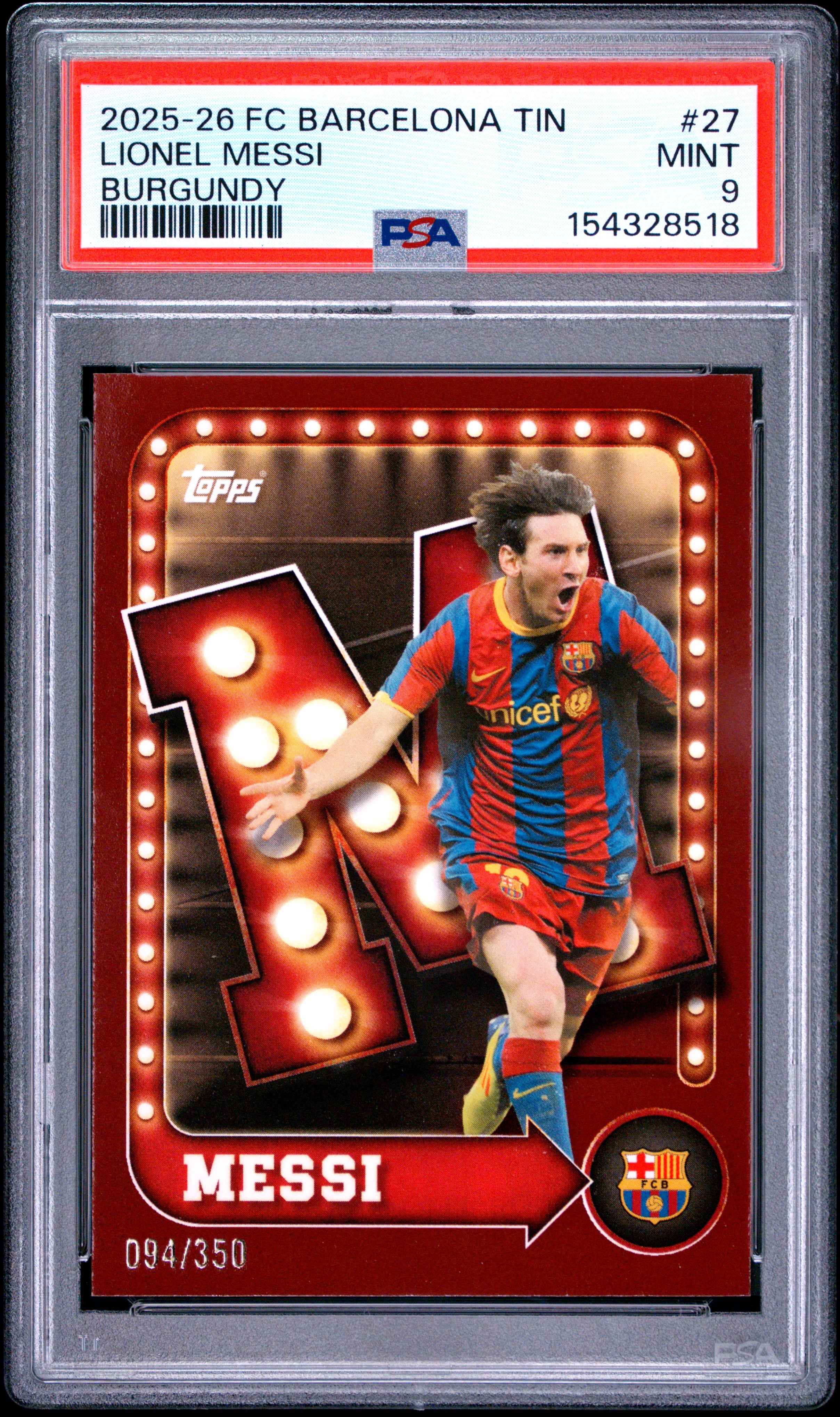 2025-26 Topps FC Barcelona Collector Tin #27 Lionel Messi Dark Red PSA 9 #/350