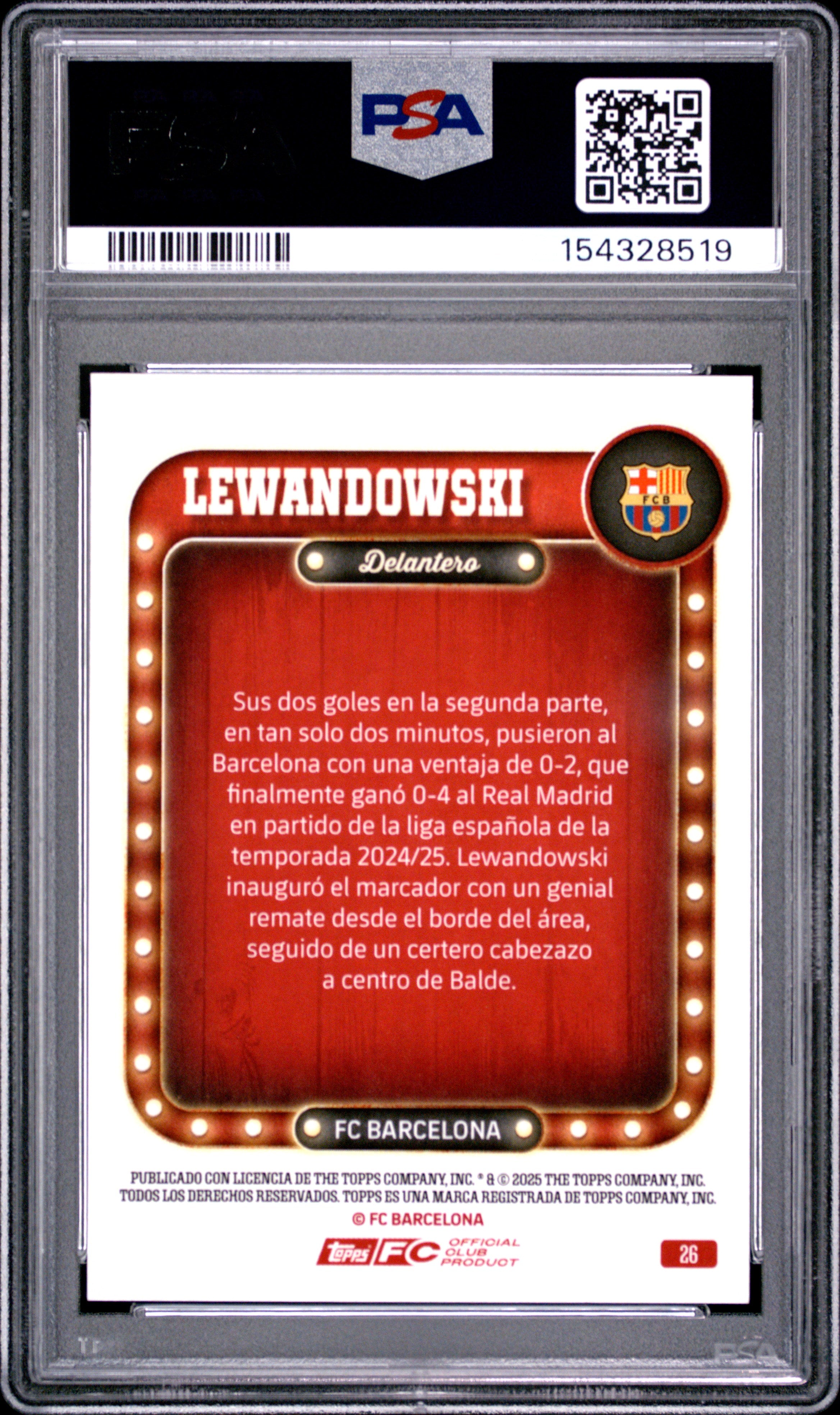 2025-26 Topps FC Barcelona Collector Tin #26 Robert Lewandowski Aqua PSA 8 #/275