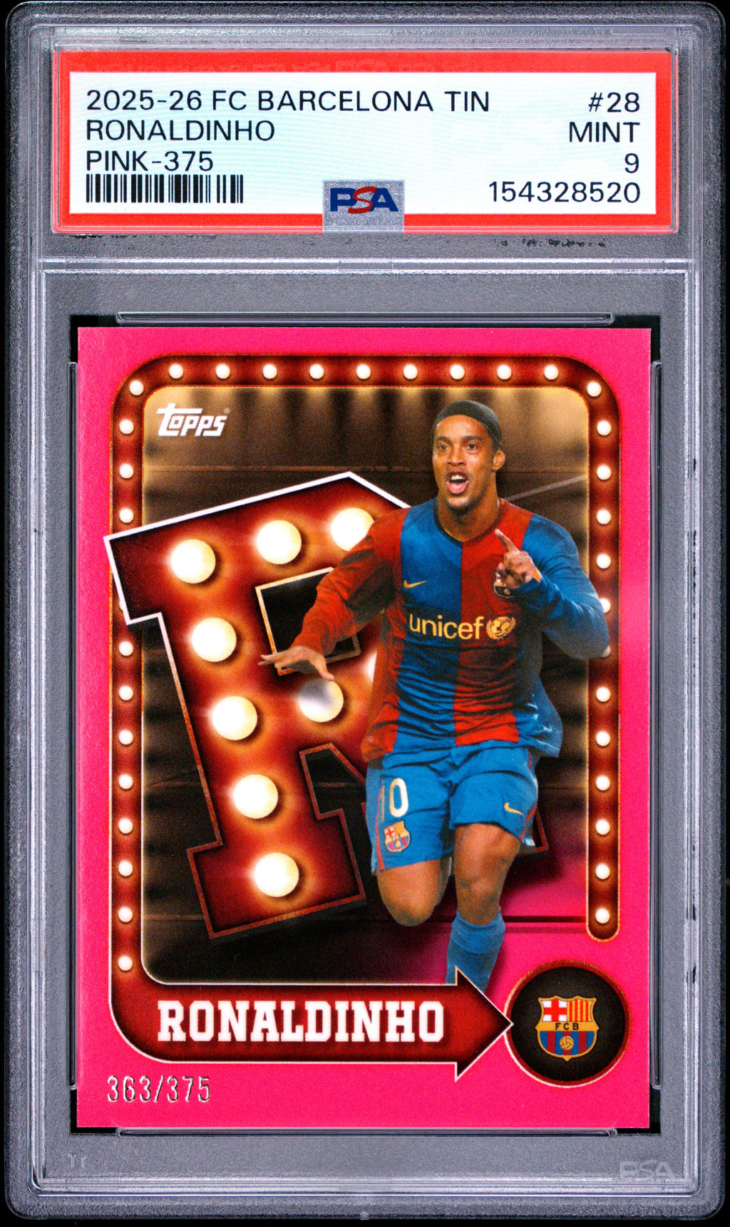 2025-26 Topps FC Barcelona Collector Tin #28 Ronaldinho Pink PSA 9 #/375
