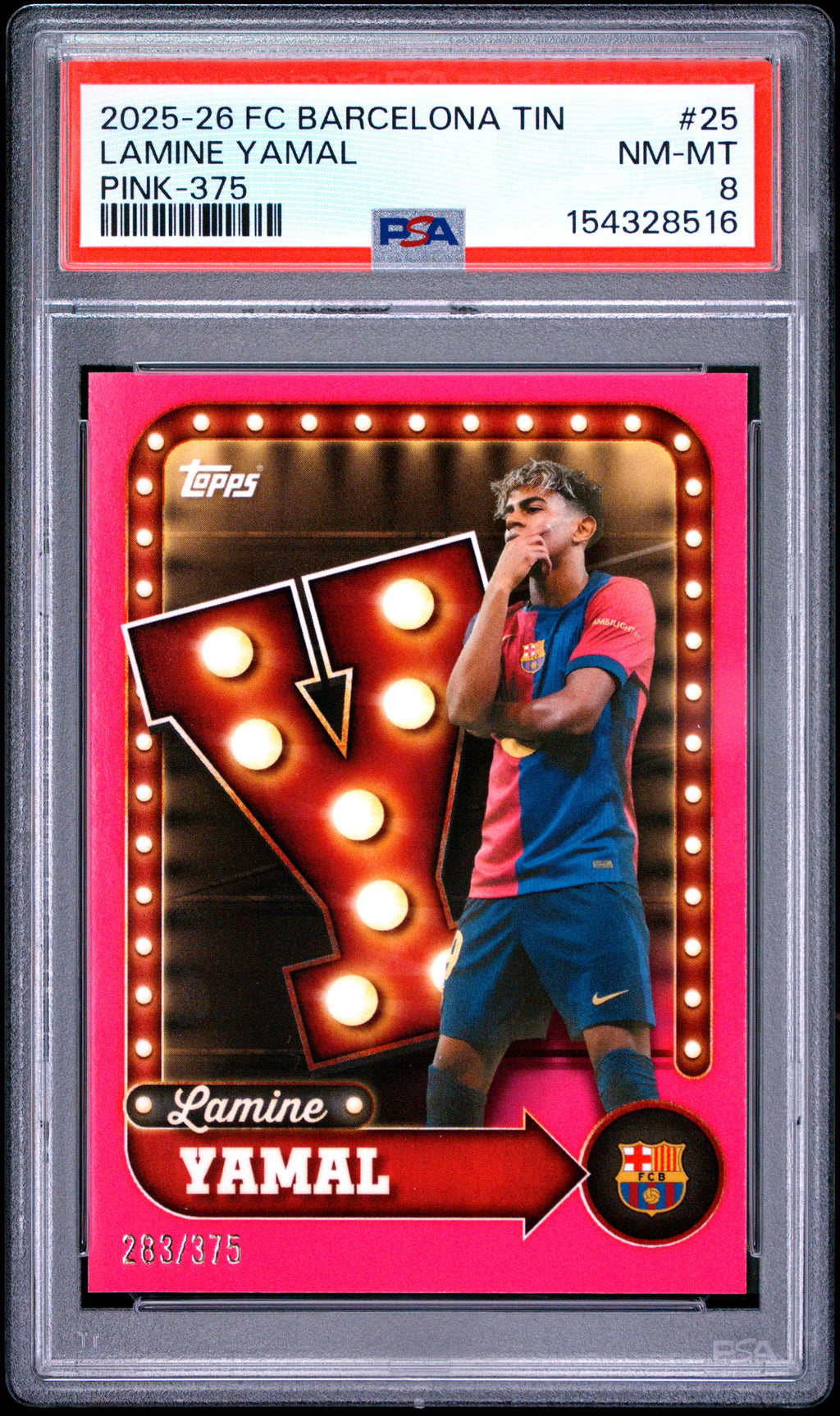 2025-26 Topps FC Barcelona Collector Tin #25 Lamine Yamal Pink PSA 8 #/375