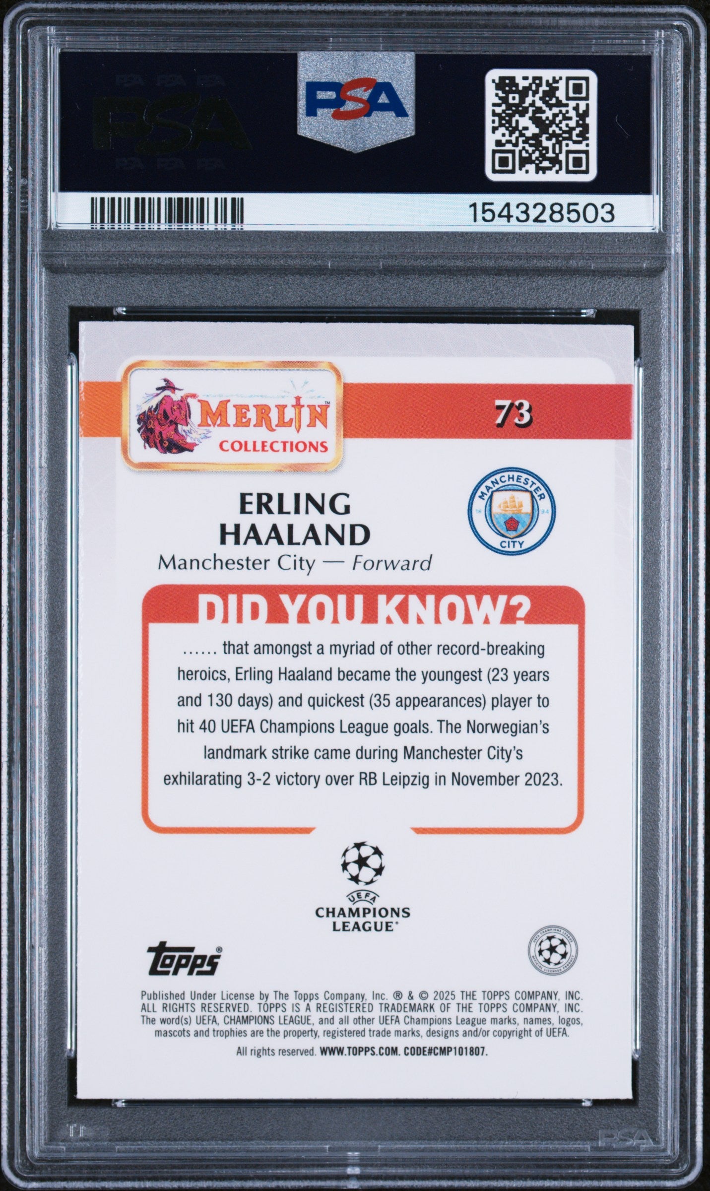 2024-25 Merlin UCC #73 Erling Haaland Vintage Merlin Refractor PSA 10