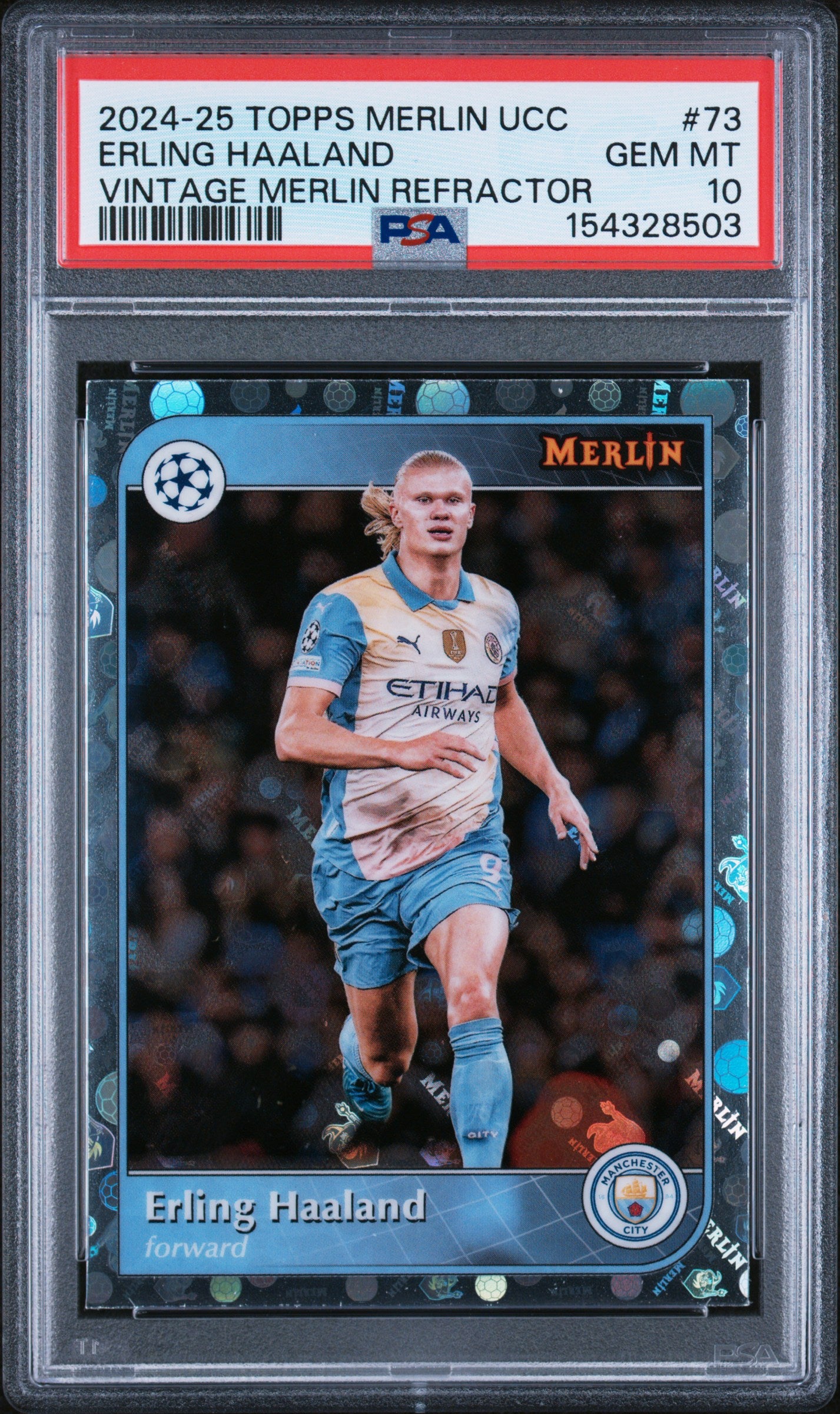 2024-25 Merlin UCC #73 Erling Haaland Vintage Merlin Refractor PSA 10