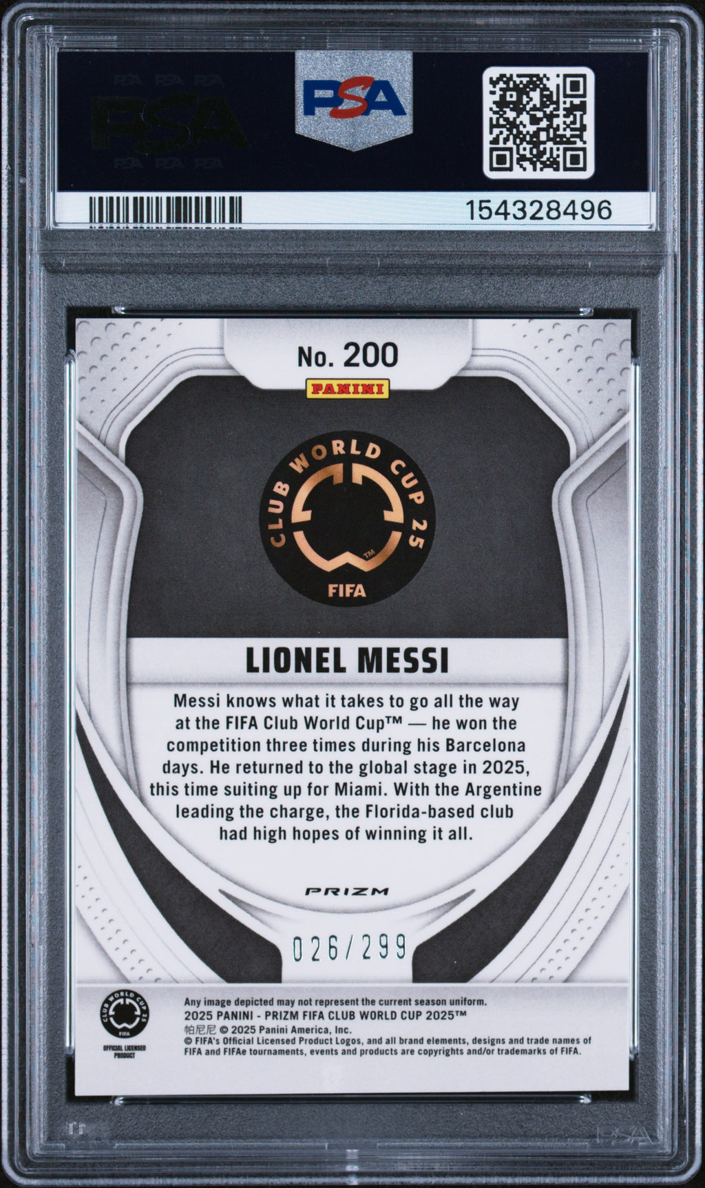 2025  Prizm FIFA CWC #200 Lionel Messi Pink Seismic  PSA 9 #/299 Color Match