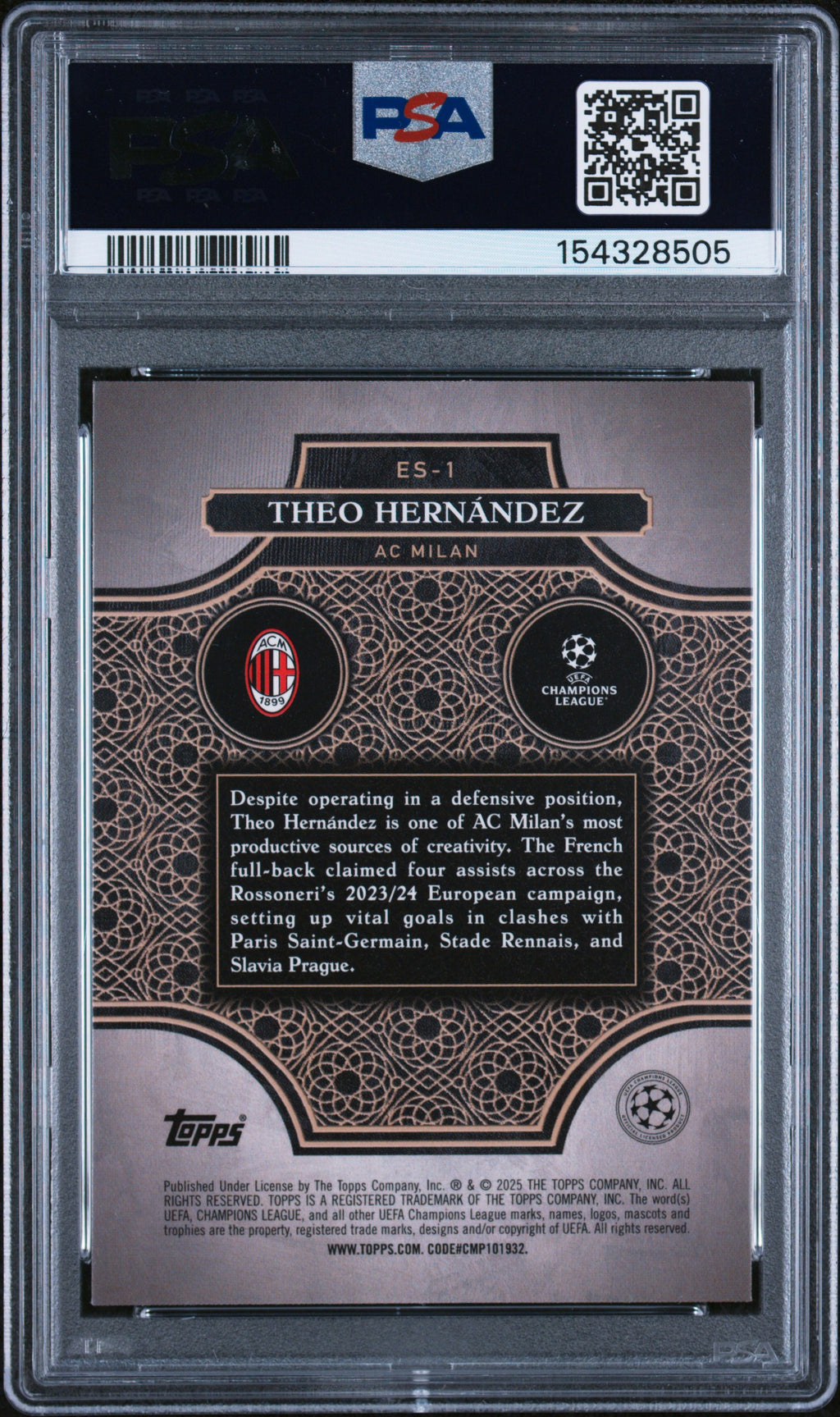 2024-25 Merlin UCC #ES-1 Theo Hernández Elite Society Aqua PSA 9 #/75