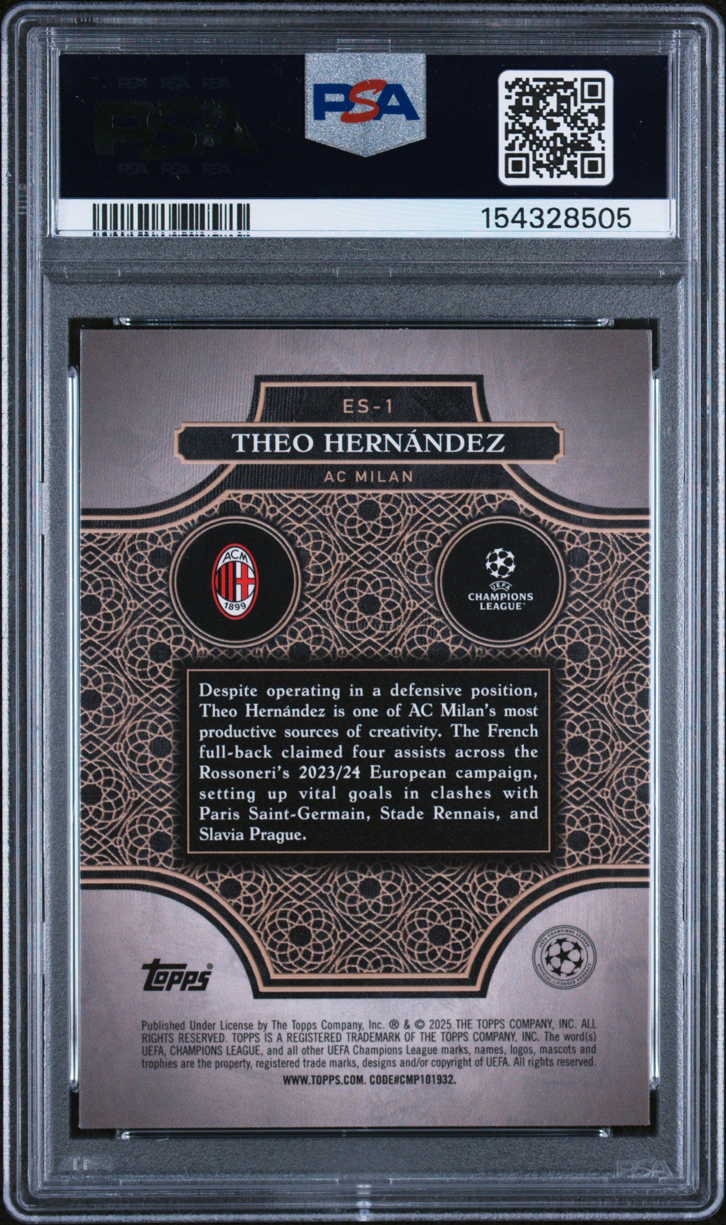 2024-25 Merlin UCC #ES-1 Theo Hernández Elite Society Aqua PSA 9 #/75