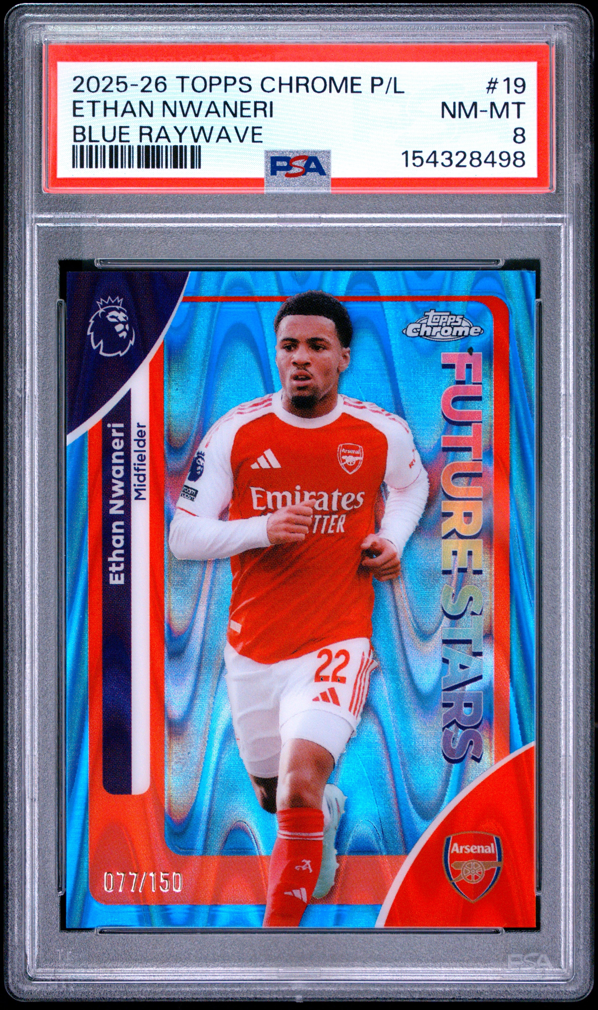 2025-26 Topps Chrome Premier  #19 Ethan Nwaneri Blue RayWave Ref PSA 8 #/150