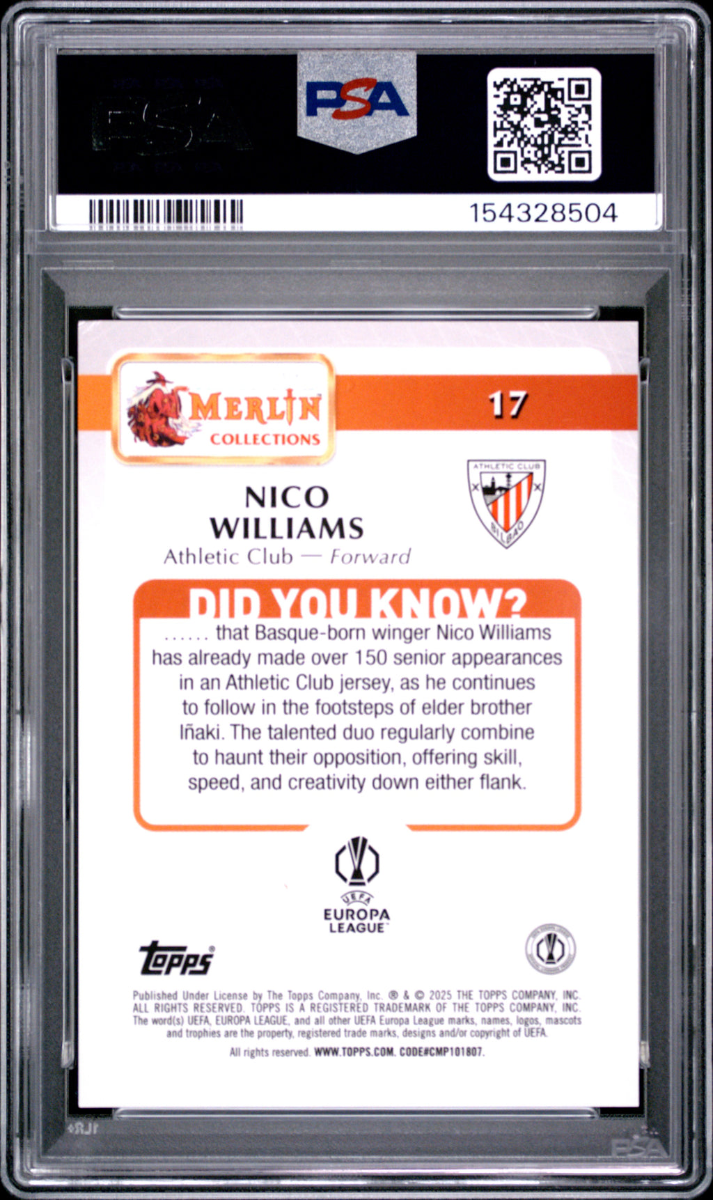 2024-25 Merlin UEFA Club Competitions #17 Nico Williams Orange Atomic PSA 7 #/25