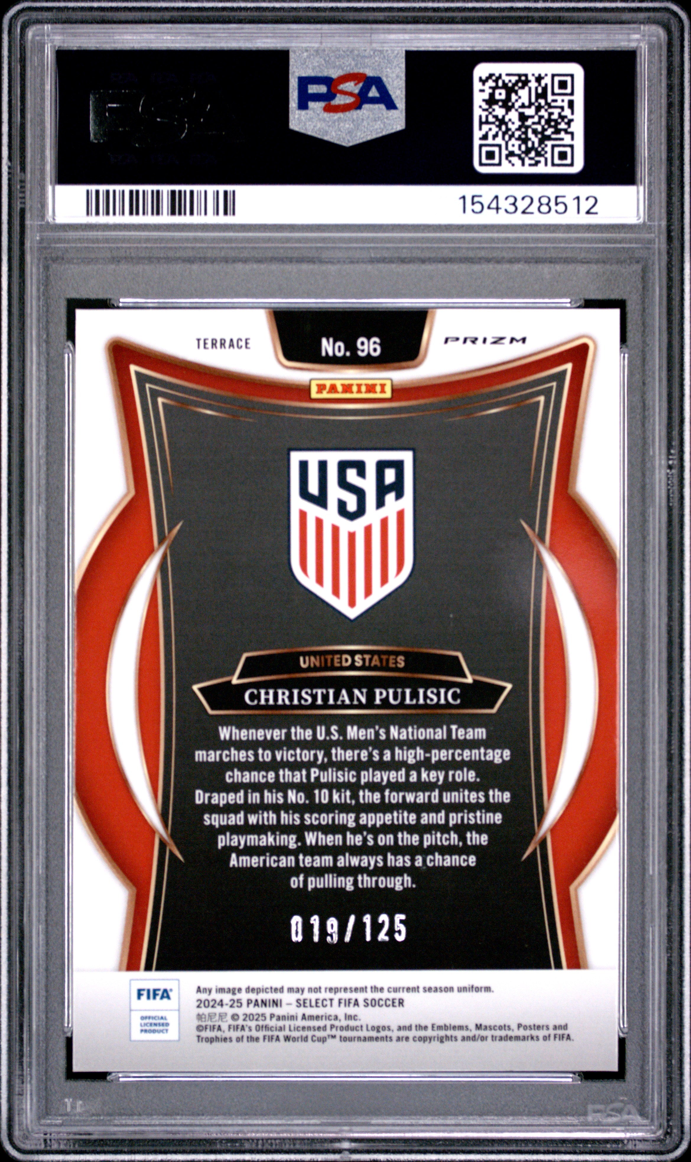 2024-25 Panini Select FIFA #96 Christian Pulisic Orange Fluorescent PSA 9 #/125