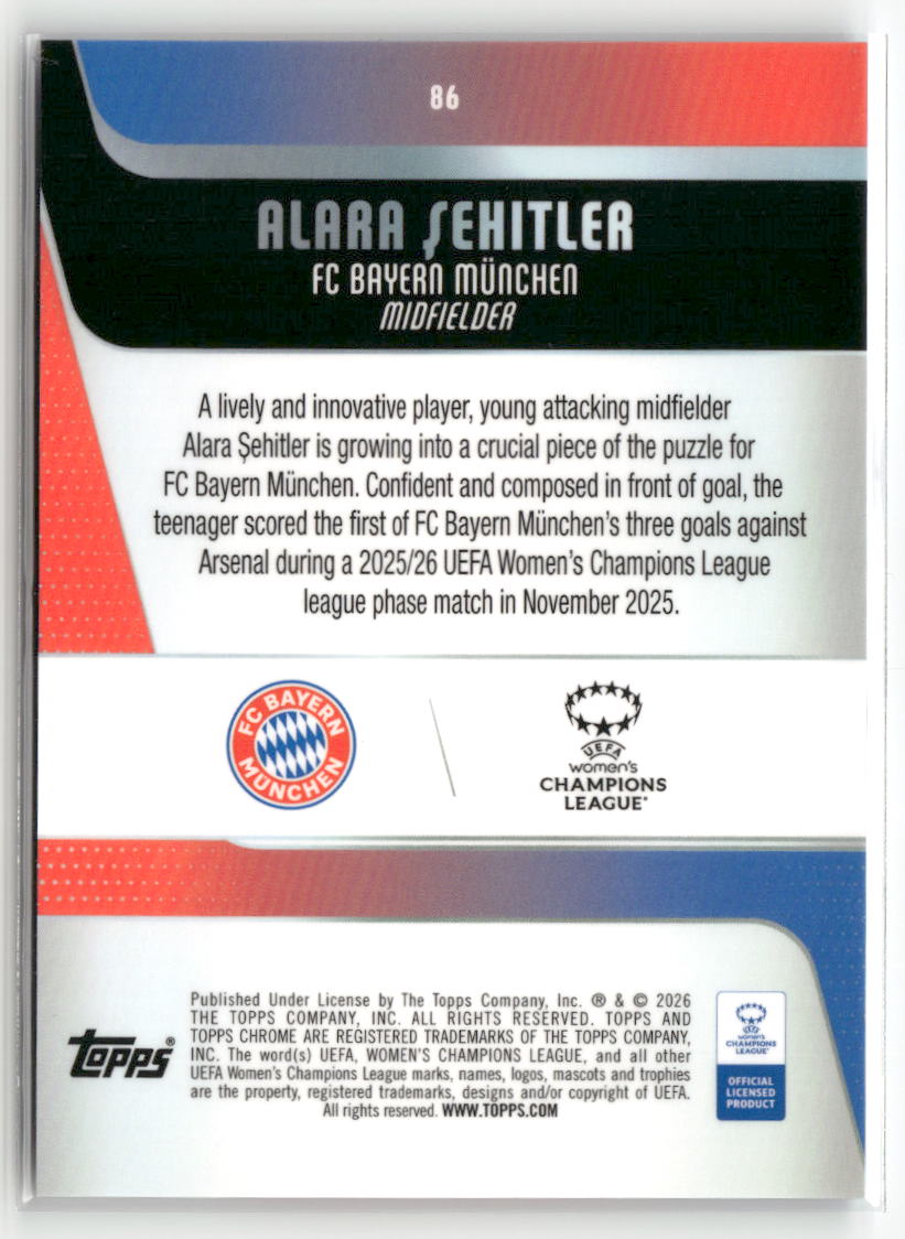 2025-26 Topps Chrome Sapphire Edition UEFA WCL #86 Alara Şehitler
