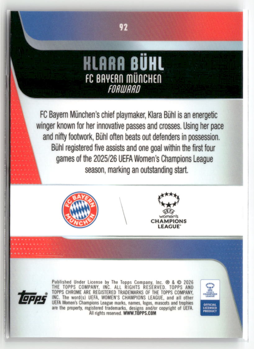 2025-26 Topps Chrome Sapphire Edition UEFA WCL #92 Klara Bühl